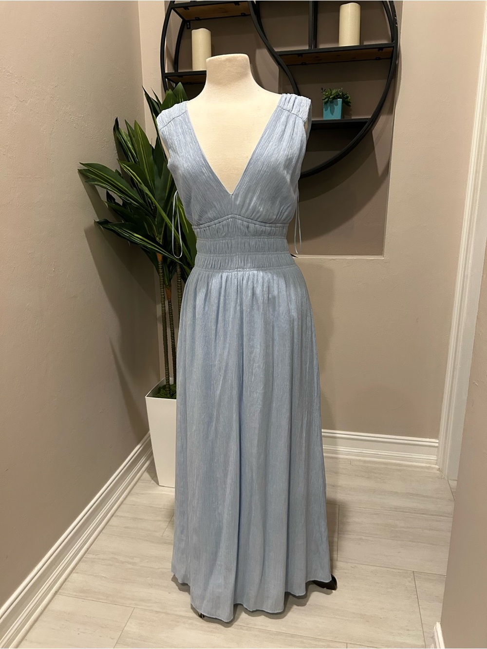 Abercrombie & Fitch Light Blue V-Neck Smocked Waist Maxi Dress